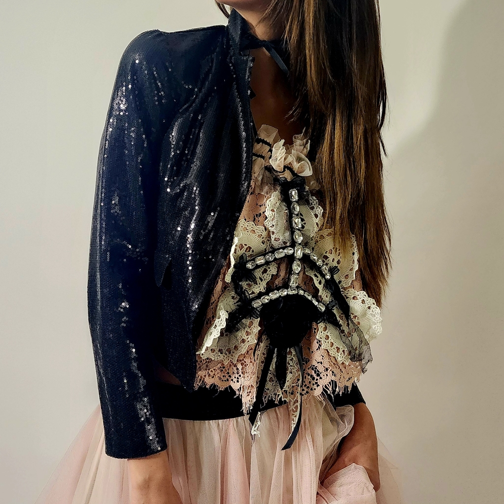 Boho Concept Wear Sequins Beaded Black Jacket Luxury Designer Blazer